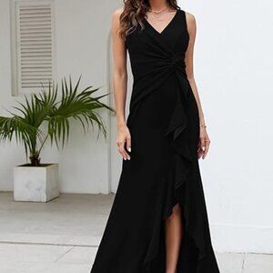 Women's Formal Black Long Sexy Evening V Neck Sleeveless Split Wrap Dress SZ M